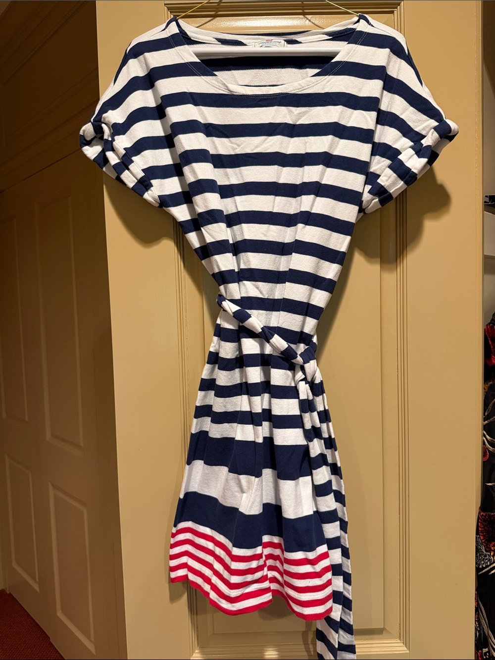 Vineyard Vines Striped Navy & White Tie-Waist Dress with Red Accent